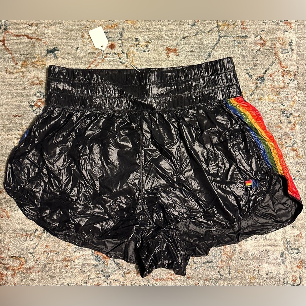 AVIATOR NATION NWT HIGH RISE 5 STRIPE NYLON JOGGER SHORT in BLACK— Size L - Picture 6 of 10
